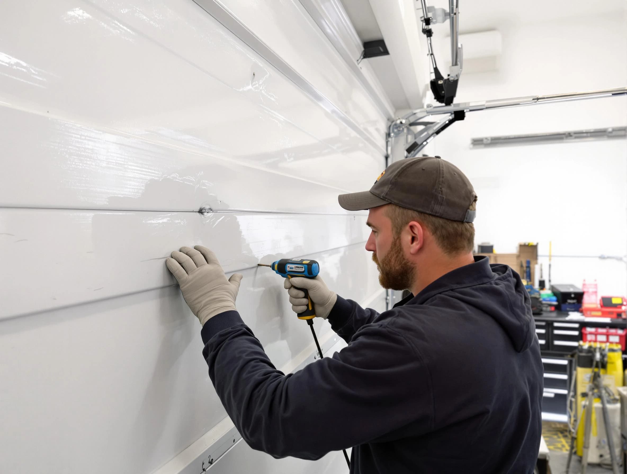 Bridgewater Garage Door Repair technician demonstrating precision dent removal techniques on a Bridgewater garage door